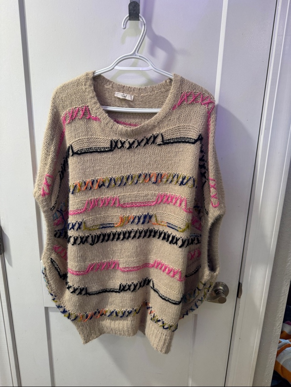 Beige Crewneck Sweater with Multicolor Stitch Detail - Women
